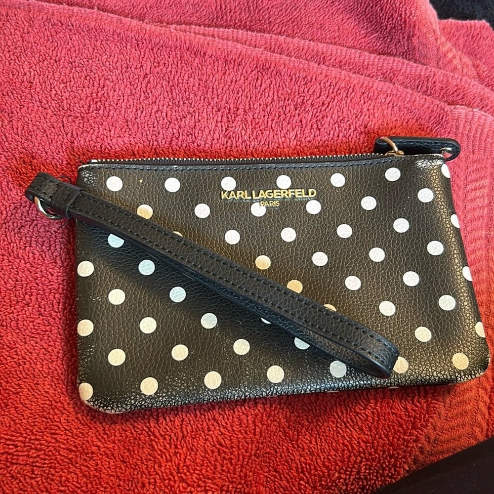 Karl Lagerfeld Paris Wristlet Bag Black/White Polka Dots used 7x4.5”